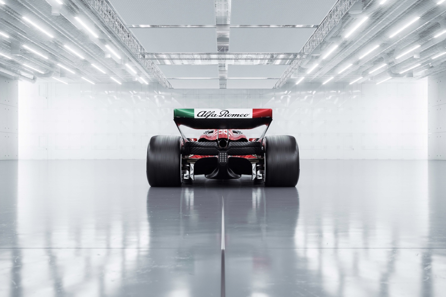 2023 Alfa Romeo F1 C43 rear end close up in a studio with bright studio lighting.