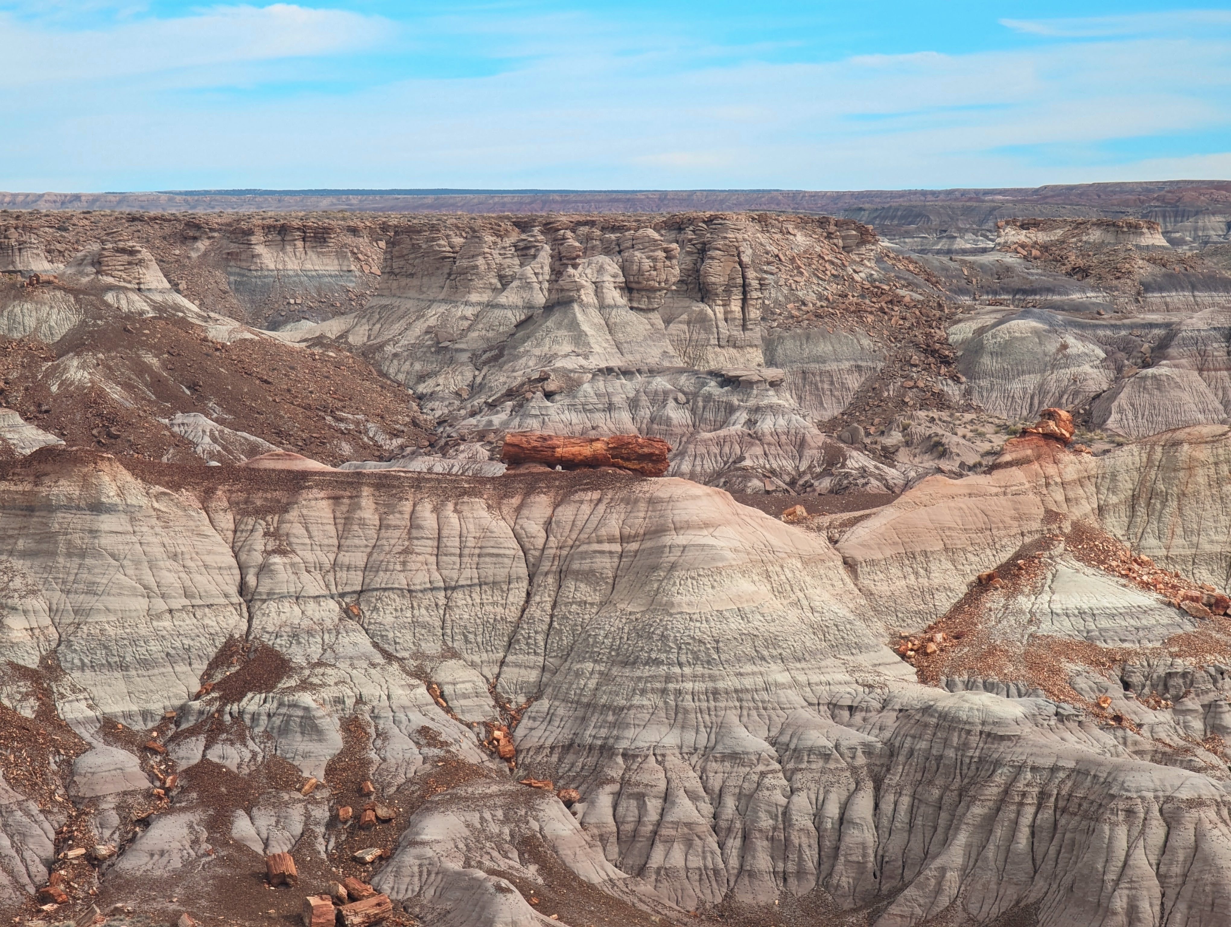 A wide view of the Blue Mesa badlands, featuring soft gray, lavender, and rose-colored hills stretching across the high desert.